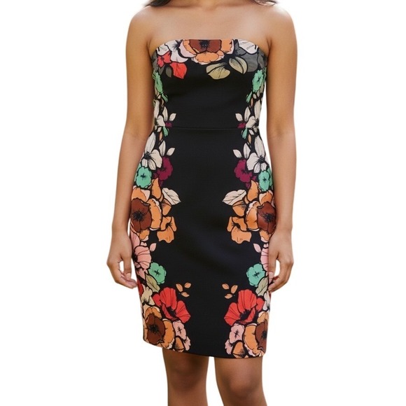Express Dresses & Skirts - EXPRESS Black Floral Print Strapless Bodycon Dress EUC Size 6